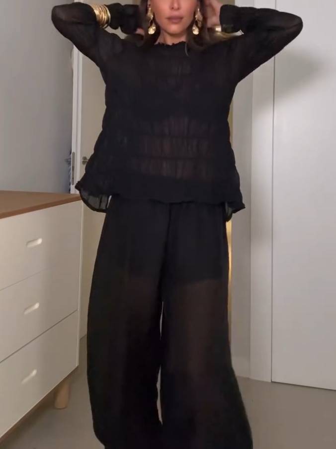 Vacation Style Long Sleeved Pleated Shirt Knickerbockers Set-shirt