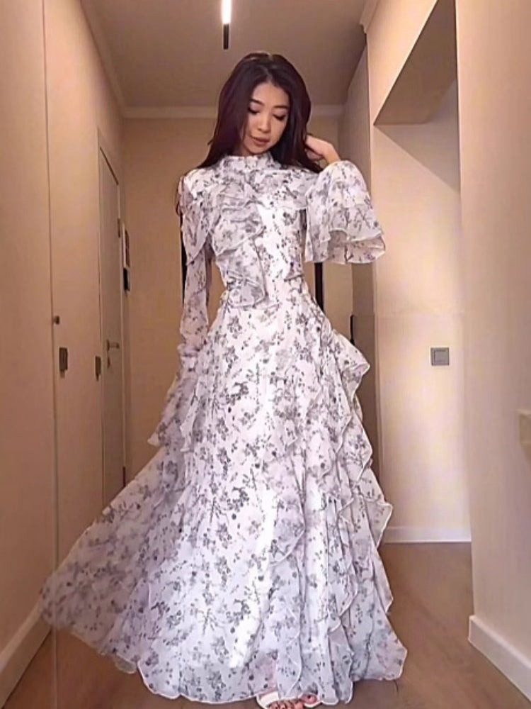 Tiered Hem Bell Sleeve Chiffon Dress