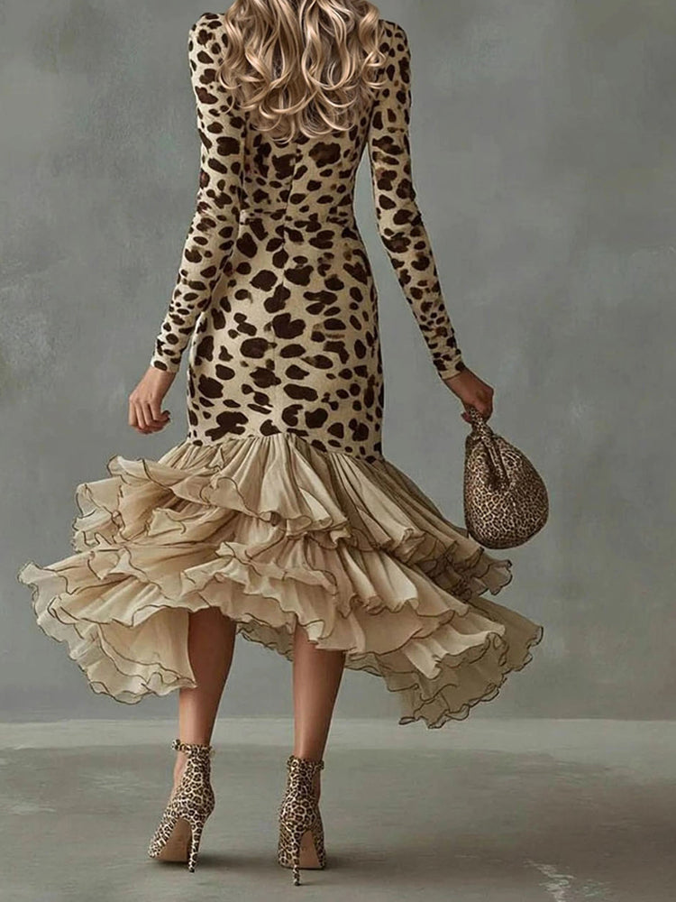 Ruffled V-Neck Printed Maxi Dress