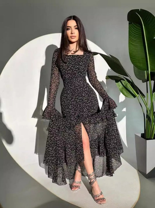 Black Floral Bell Maxi Dress