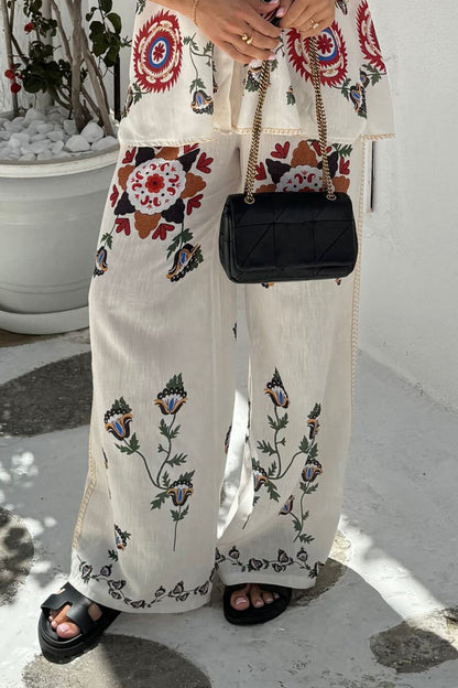Unique And Exquisite Ethnic Floral Print Elastic Waist Pocket Wide Leg Pants-Set