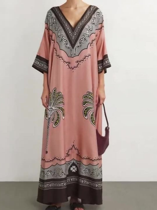 Vacation-Style V-Neck Satin Printed Dress