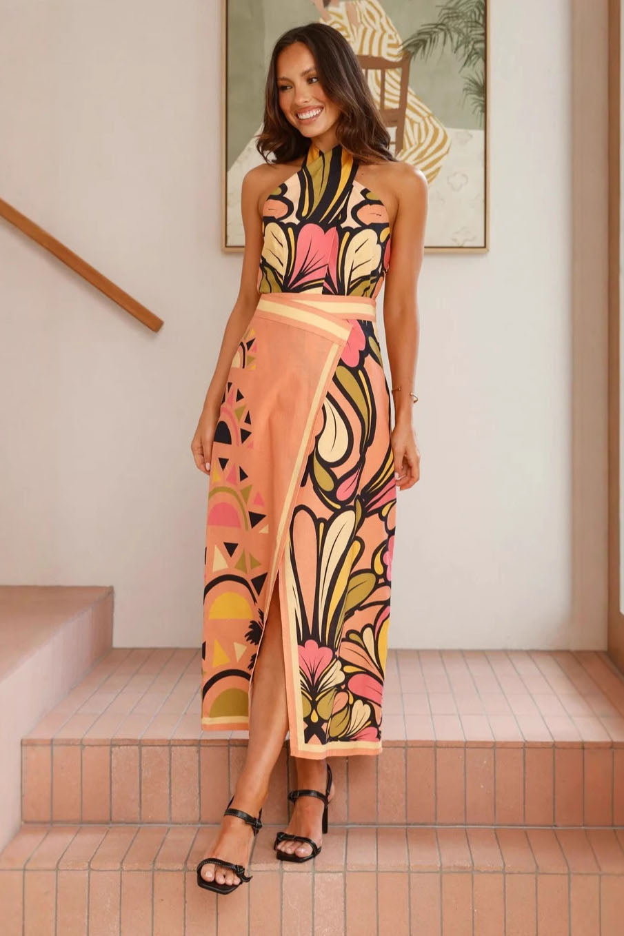 Wild Print Halter Neck Cardigan with Skirt Set