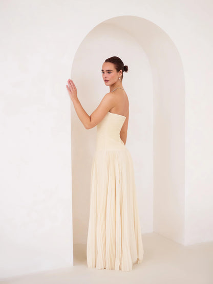 Strapless Ruched Bodice Pleated Maxi Dress With Cape