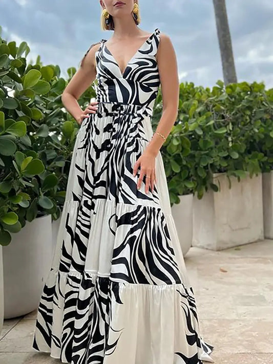 Deep V Striped Monochrome Elegant Swimsuit