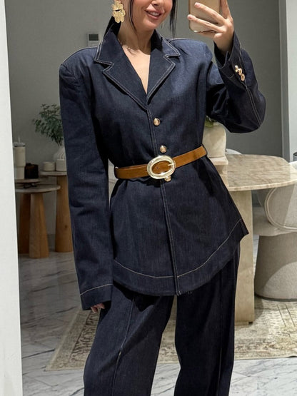 Casual Denim Shirt & Wide-leg Pants Two-piece Set