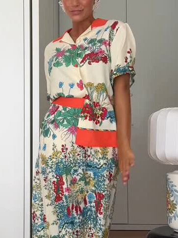 Exquisite Botanical Print Contrast Trim Shirt