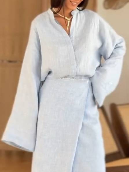 Stand Collar Shirt And Lace-up Skirt Suit