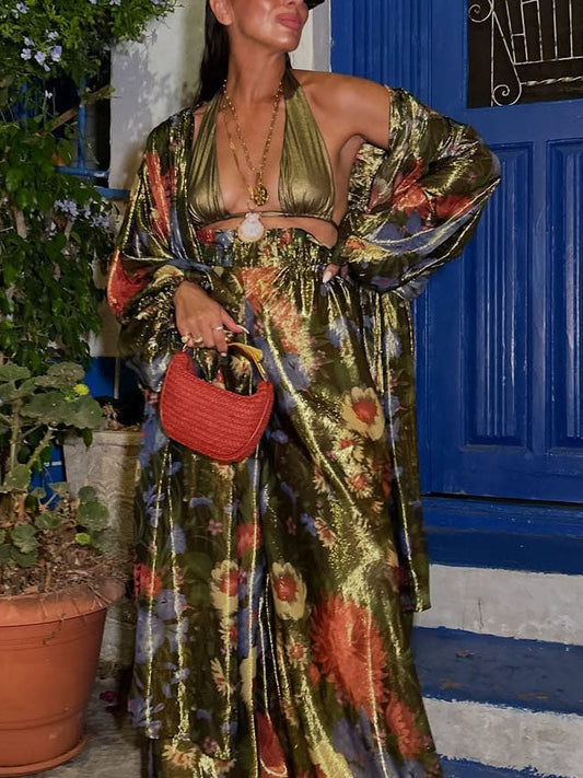 Unique Floral Print Satin Kimono Blouse