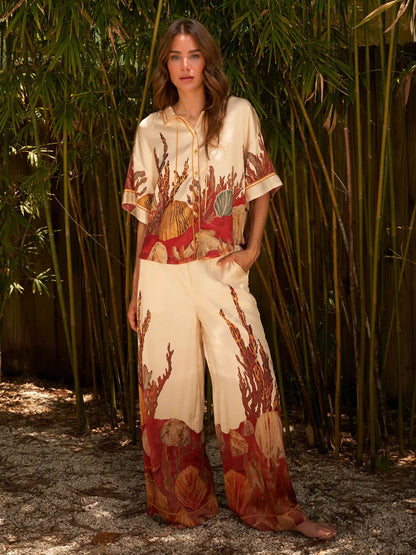 Exquisite Printed Collared Three-Quarter Sleeve Kimono Top