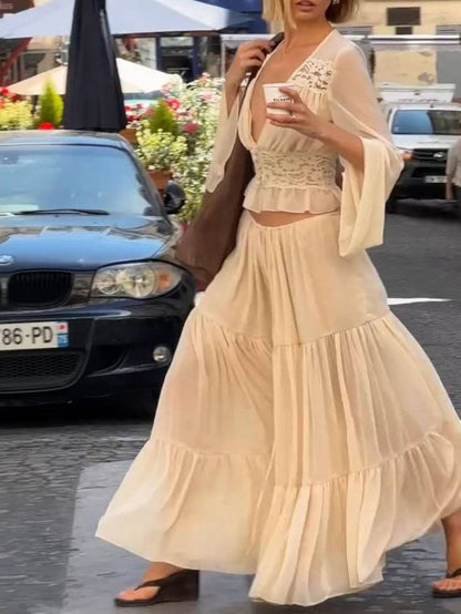 Bohemian Lace SPlicing Shirt And Skirt Set