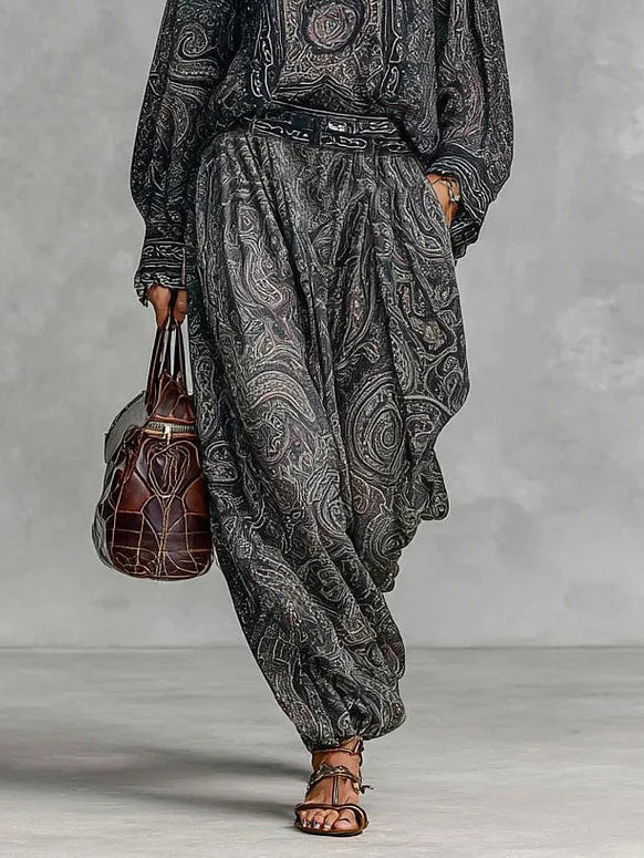 Retro Paisley Print Shirt Two-piece Set