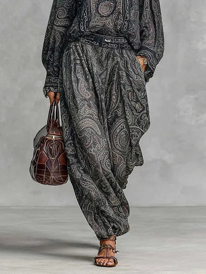 Retro Paisley Print Shirt Two-piece Set