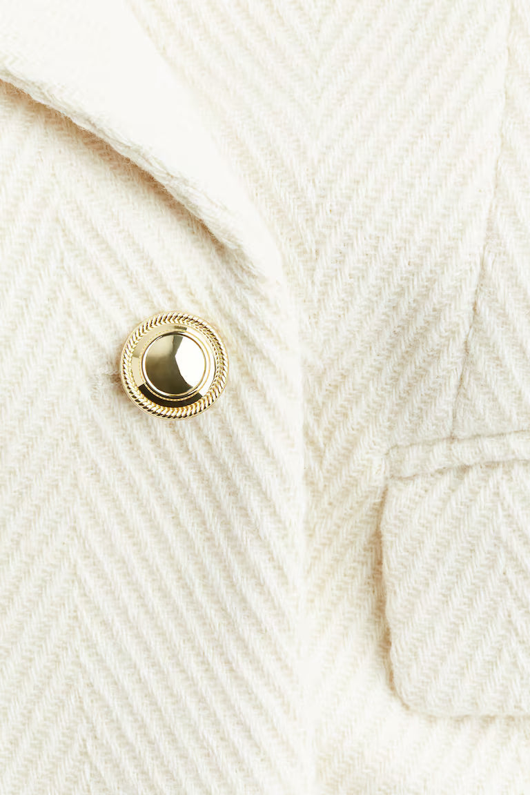 Long Wool Blend Coat | Chevron Weave | Double Breasted Gold Buttons