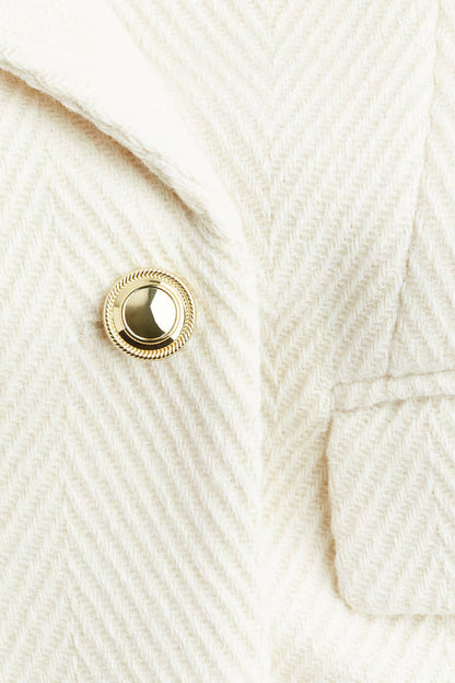 Long Wool Blend Coat | Chevron Weave | Double Breasted Gold Buttons