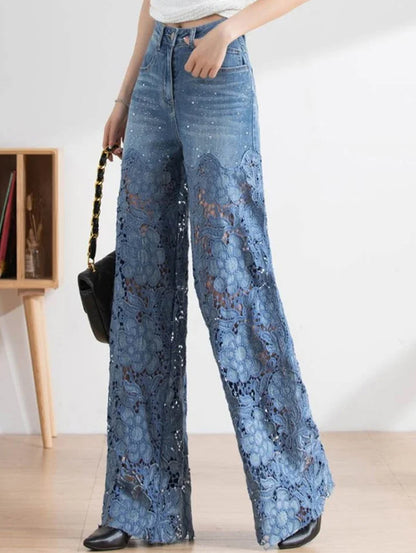 Fashion Rhinestone Denim Lace Patchwork High Waist Straight Leg Jeans