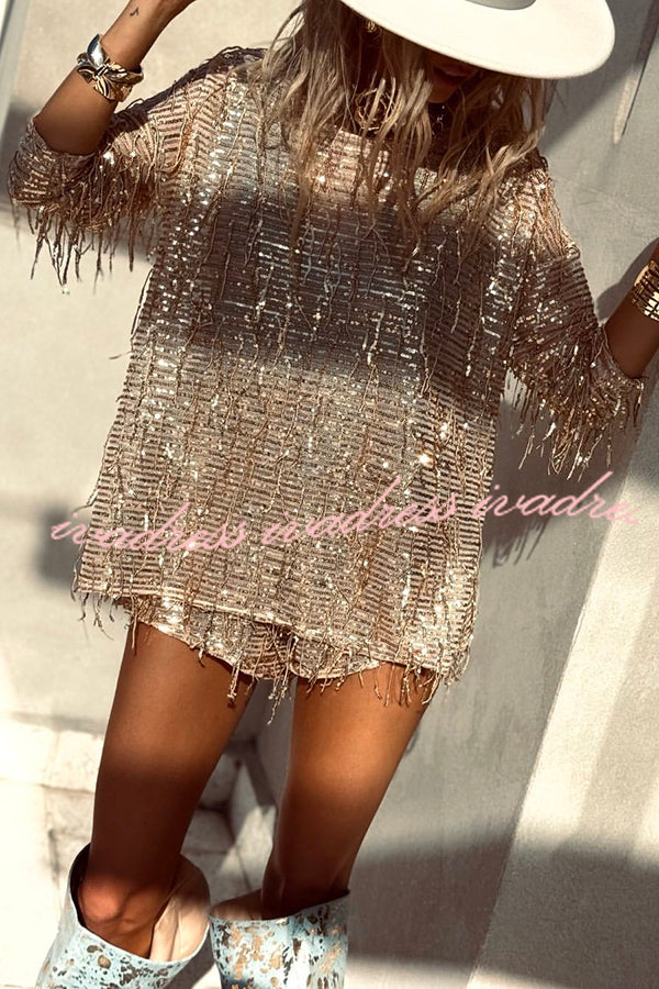 Fashion Sequin Round Neck Long Sleeve Tassel Top and Elastic Waist Casual Shorts Set