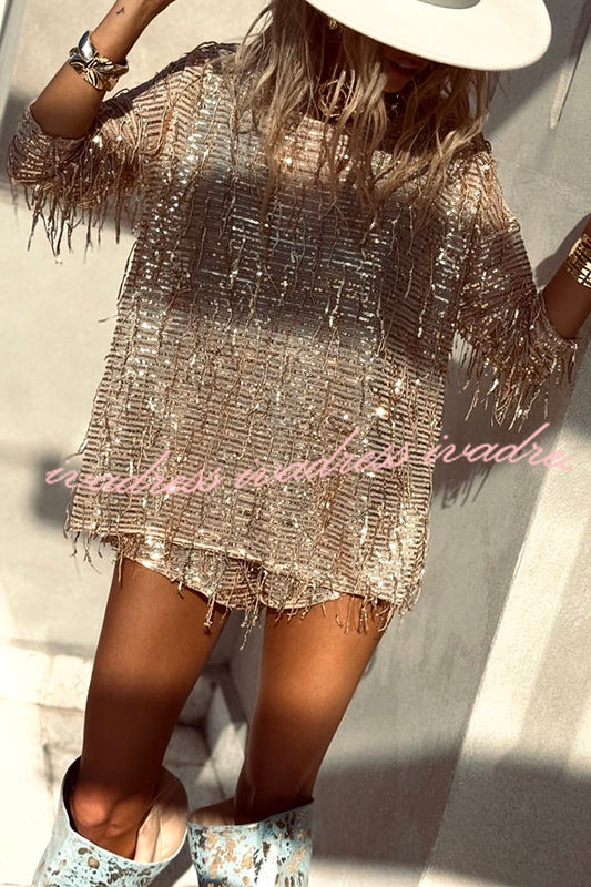 Fashion Sequin Round Neck Long Sleeve Tassel Top and Elastic Waist Casual Shorts Set