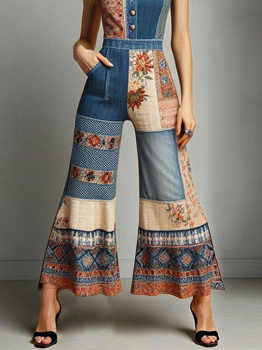 sheenchic Vacation Blue Denim Print Square Neck Pocket Western Contrast Jumpsuits [Pre-Order]