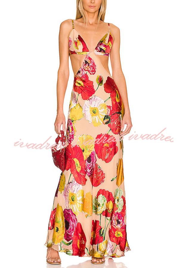 Vestido largo hawaiano con espalda descubierta y estampado floral de satén Hawaiian Dreams 