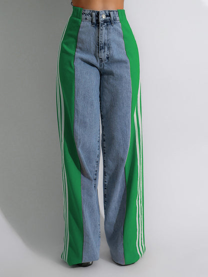 Fashion Stripe Patchwork High Rise Straight Leg Denim Jeans
