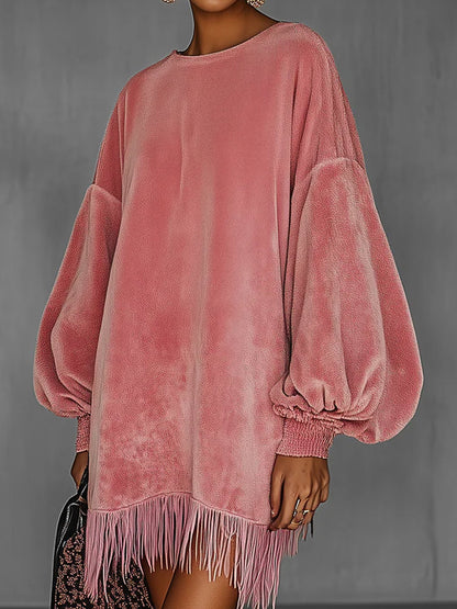 Daily Pink Round Neck Puff Sleeve Long Sleeve Strappy Casual Contrast Velvet Mini Dresses