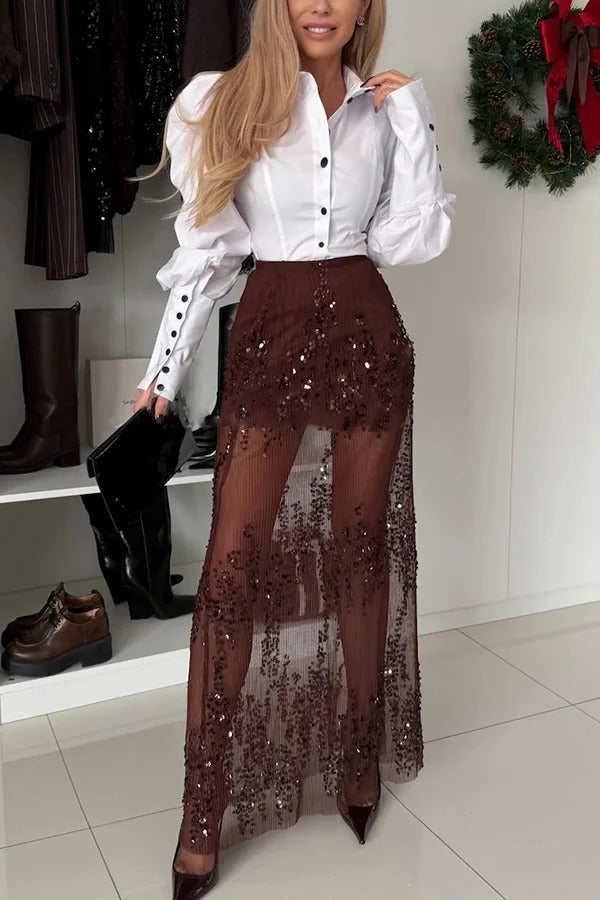 Darling Details Sequin Embroidered Tulle High Rise Elastic Waist Maxi Skirt