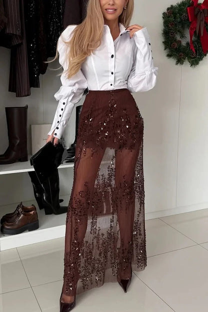 Darling Details Sequin Embroidered Tulle High Rise Elastic Waist Maxi Skirt