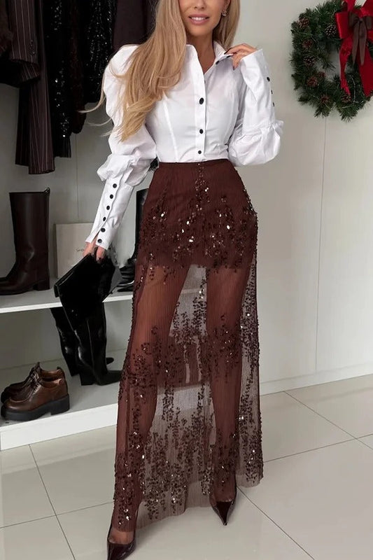 Darling Details Sequin Embroidered Tulle High Rise Elastic Waist Maxi Skirt