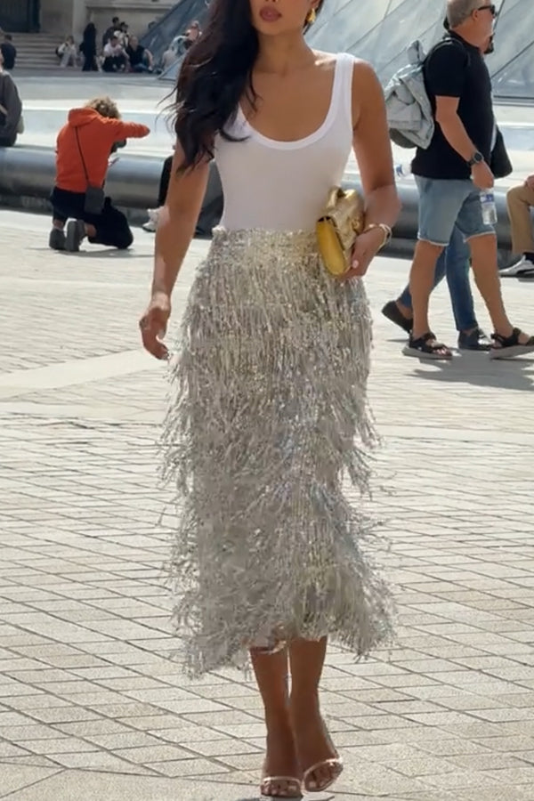 Evening Charm Layered Sequined Tassels High Rise Back Zipper Slit Midi Skirt