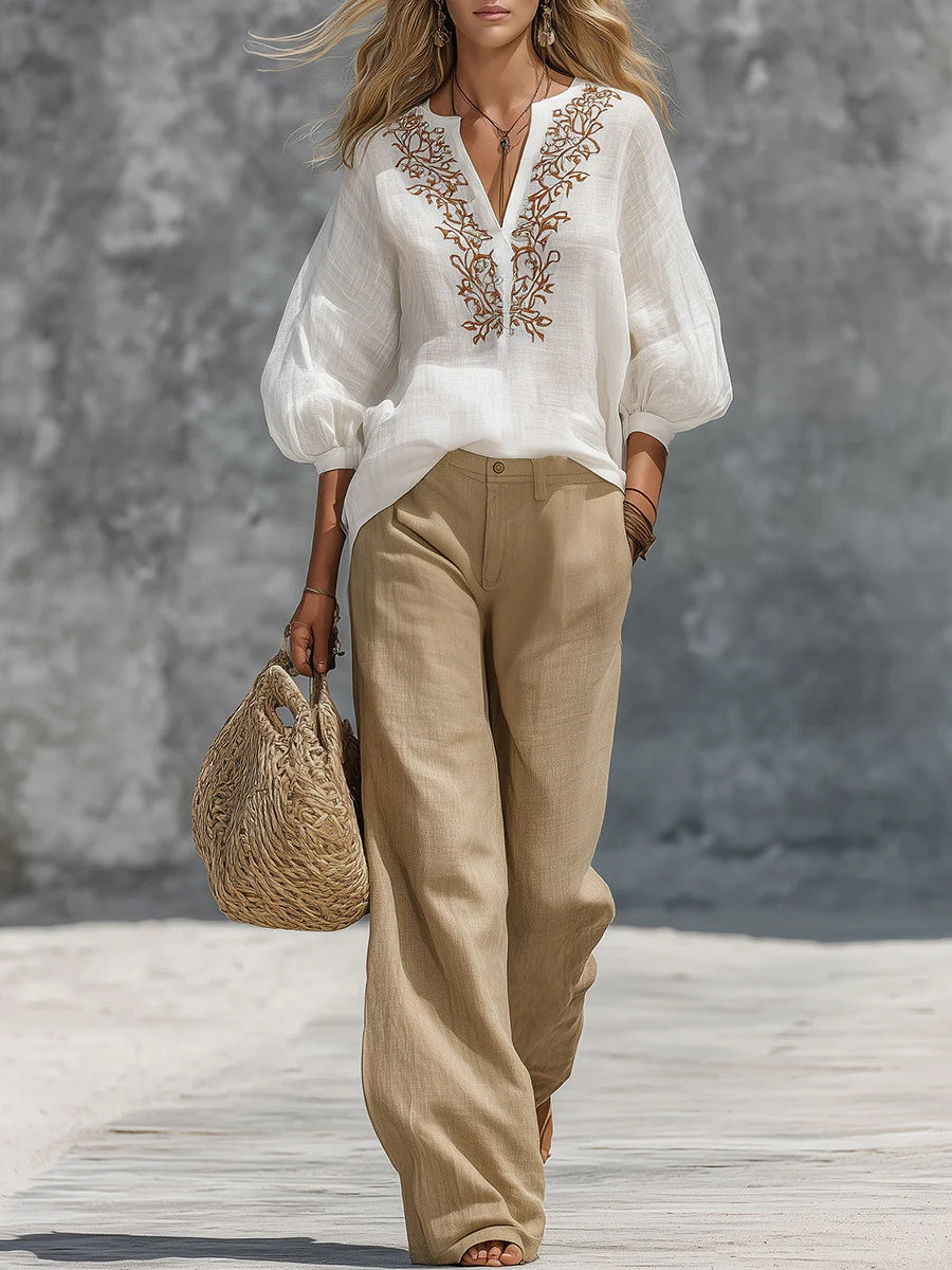 sheenchic Business Casual White V Neck Puff Sleeve 3/4 Sleeve Pocket Casual Embroidery Two Piece Pant Sets [Pre-Order]