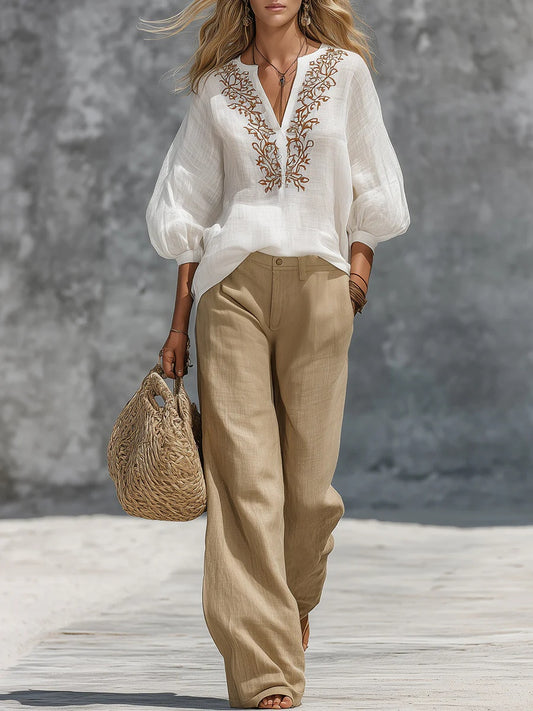 sheenchic Business Casual White V Neck Puff Sleeve 3/4 Sleeve Pocket Casual Embroidery Two Piece Pant Sets [Pre-Order]