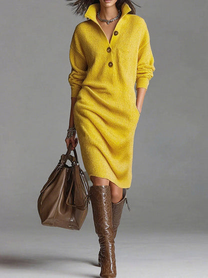 Daily Yellow Shirt Collar Long Sleeve Button Vintage Pocket Crochet Midi Dresses
