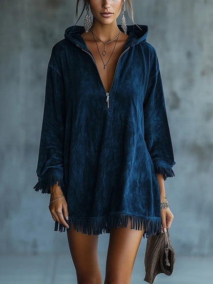 Daily Navy Blue Hooded Long Sleeve Strappy Vintage Zipper Mini Dresses