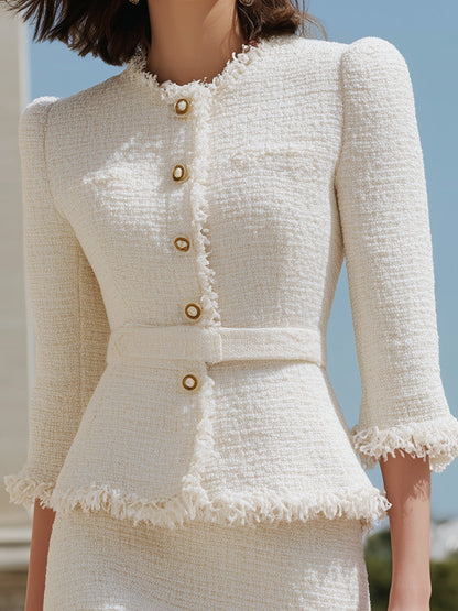 Ivory Fringed Tweed Jacket & Pencil Skirt Two-Piece Set