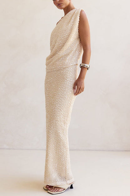 Milla Knit Sequin Asymmetrical Neck Draped Loose Top