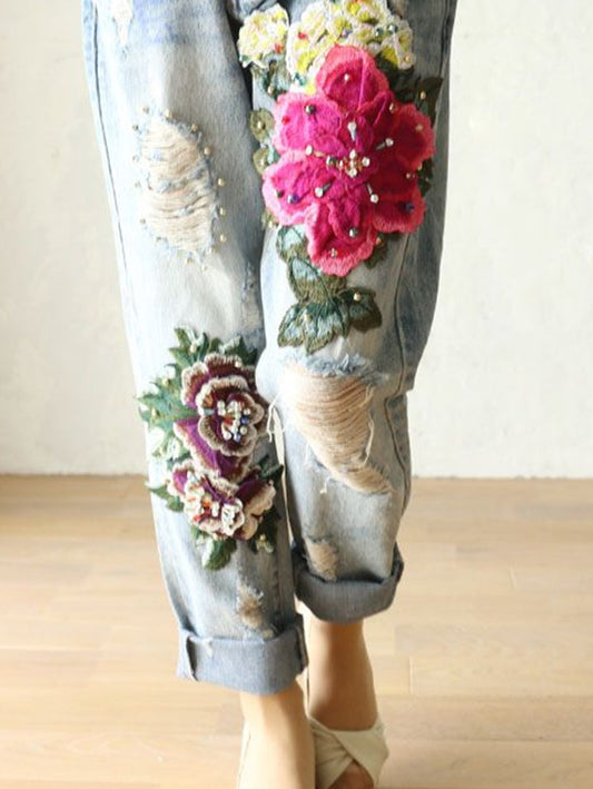 Daily Flower Embroidery Ripped Pearl Decor Denim Jeans
