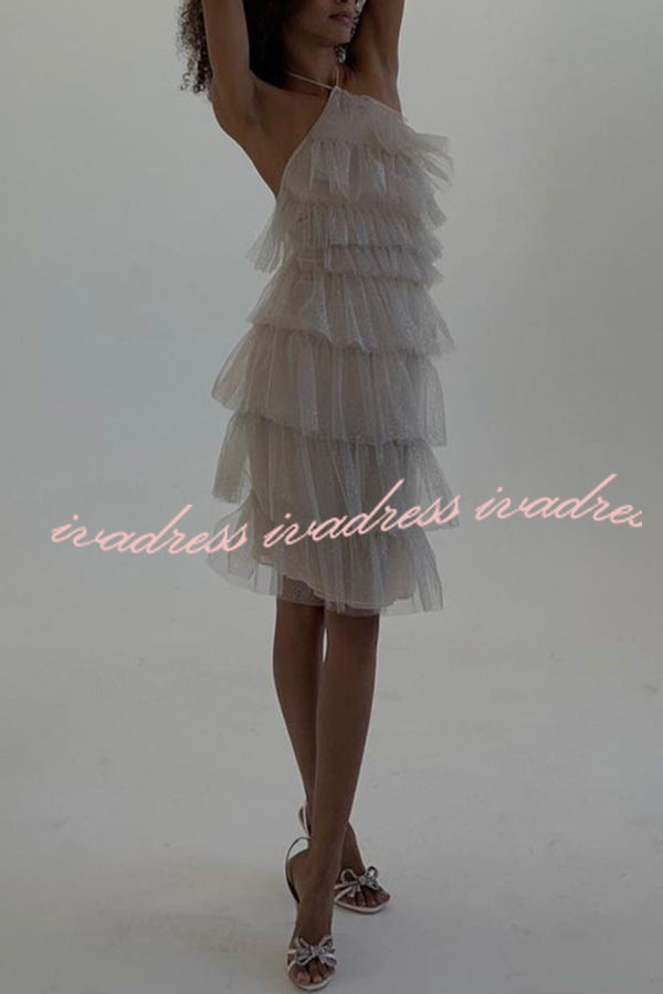 Best Days Patchwork Tulle Sheer Halterneck Pleated Midi Dress