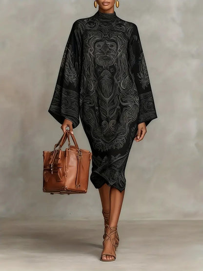 Daily Pink Paisley Mock Neck Long Sleeve Boho Midi Dresses