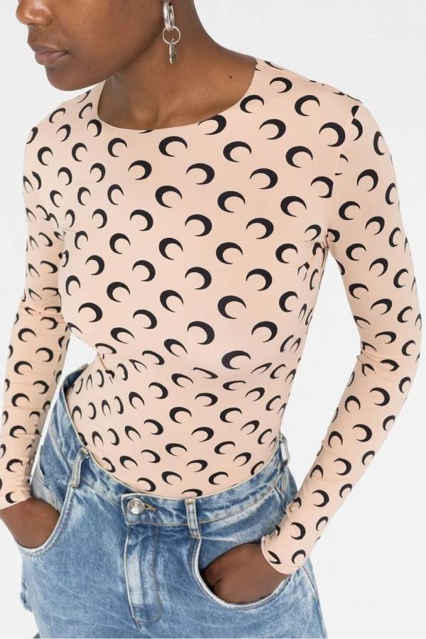 Crescent Moon Print Slim-Fit Long Sleeve Top