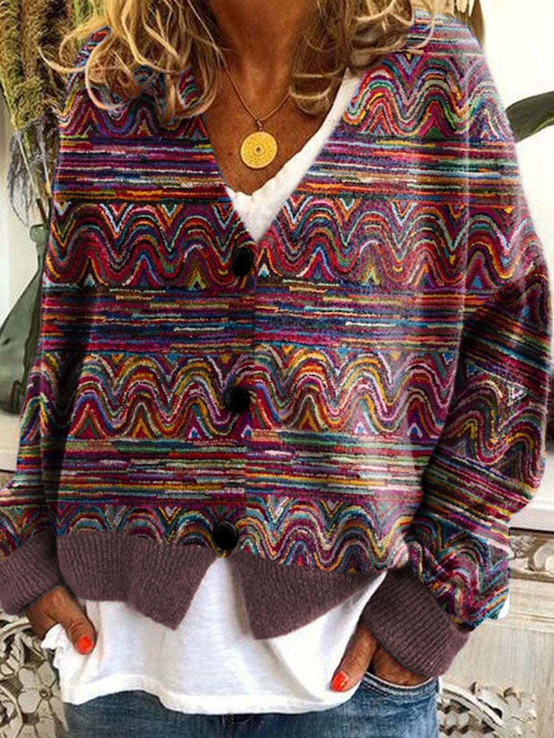 Casual Floral Pattern Three Button Knit Sweater Cardigan