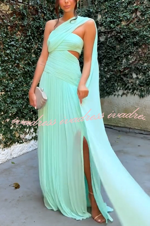 Vestido largo tipo capa de gasa con hombros descubiertos y abertura en la cintura, plisado, Forest Muse 