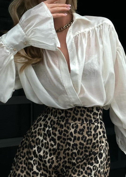 Aurora - White Volume Sleeve Button Blouse