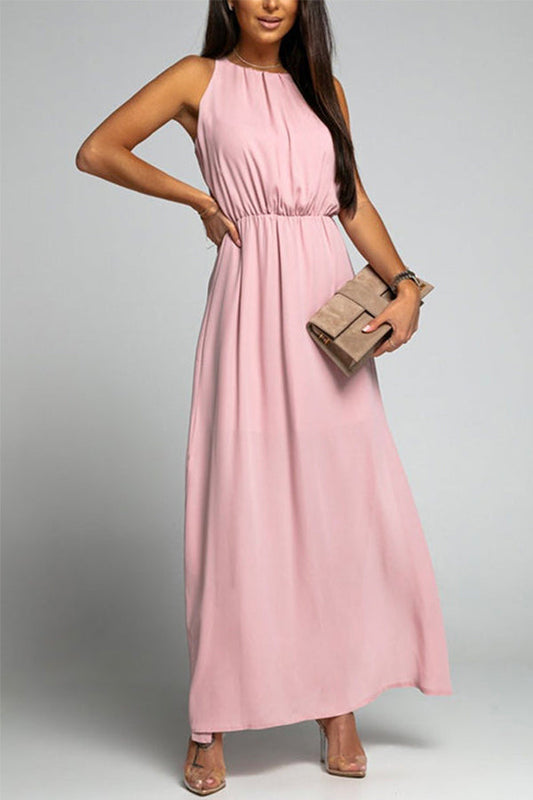 Vestido de cuello redondo, sin mangas, con cintura y abertura lateral