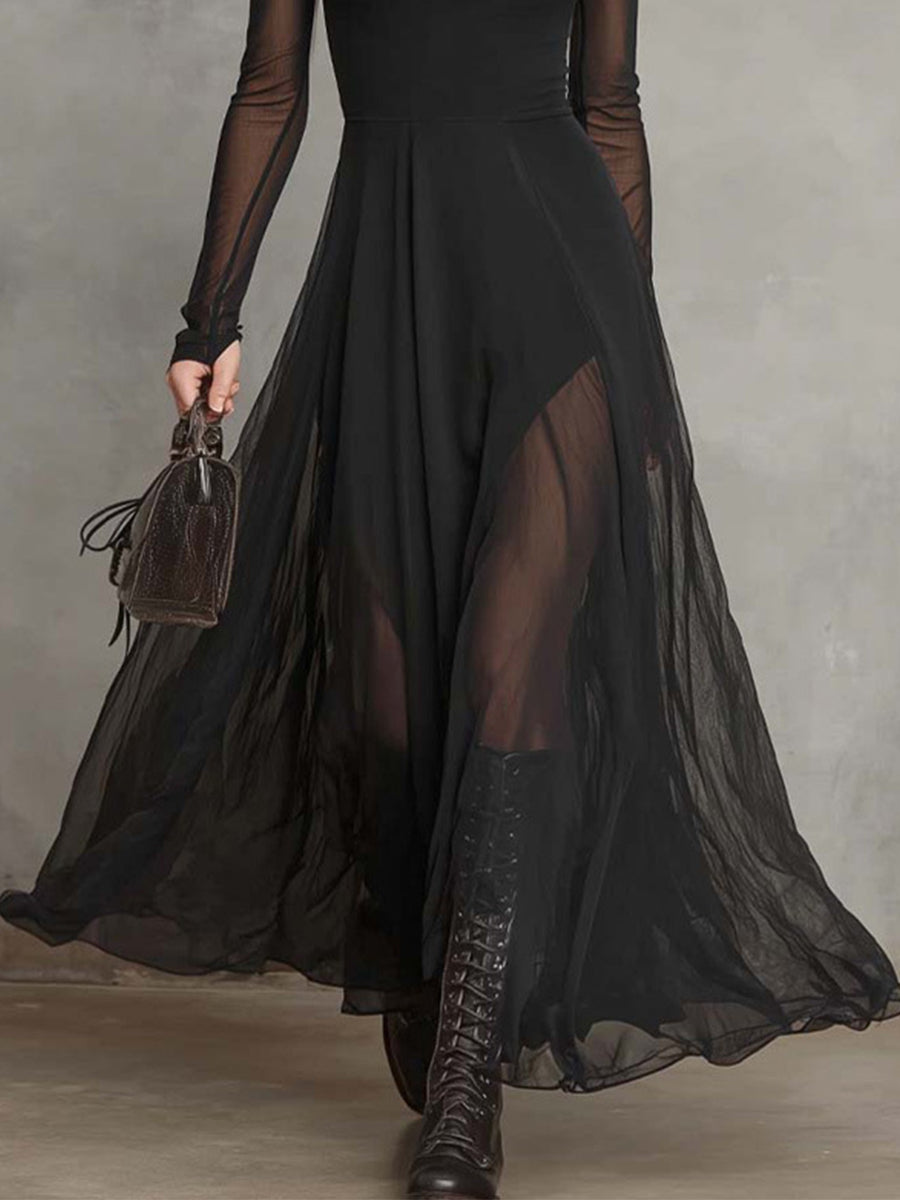 Party Black Round Neck Long Sleeve See Through Elegant Tulle Maxi Dresses