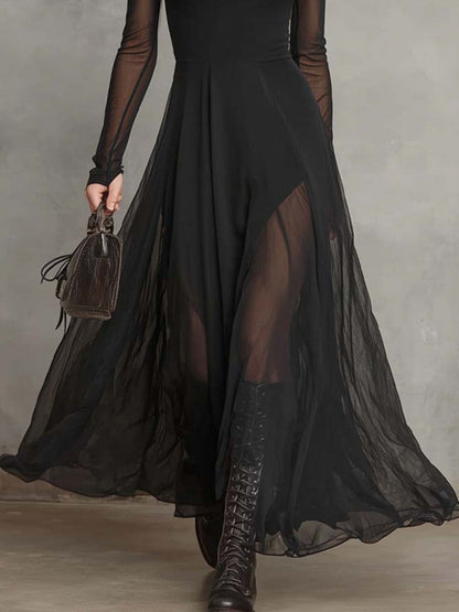 Party Black Round Neck Long Sleeve See Through Elegant Tulle Maxi Dresses