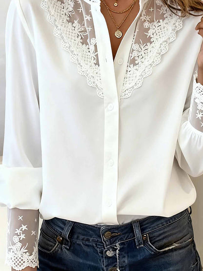 Daily White Stand-Up Collar Long Sleeve See Through Casual Contrast Lace Blouses