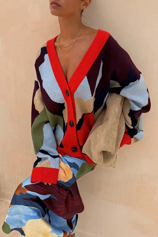 Cárdigan holgado de manga larga con botones y bloques de colores abstractos de punto brillante y atrevido 