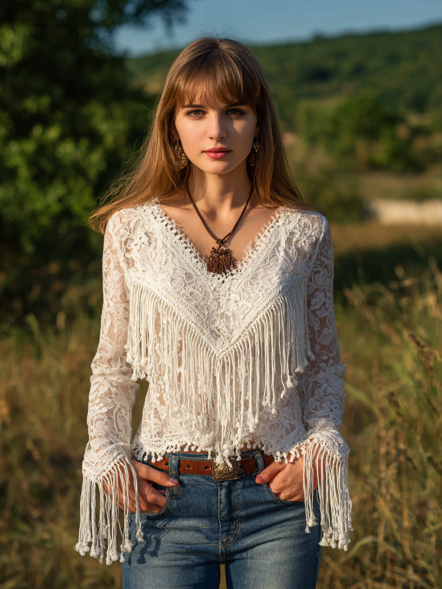 sheenchic Vacation White V Neck Long Sleeve Strappy Boho Cut Out Lace Blouses [Pre-Order]