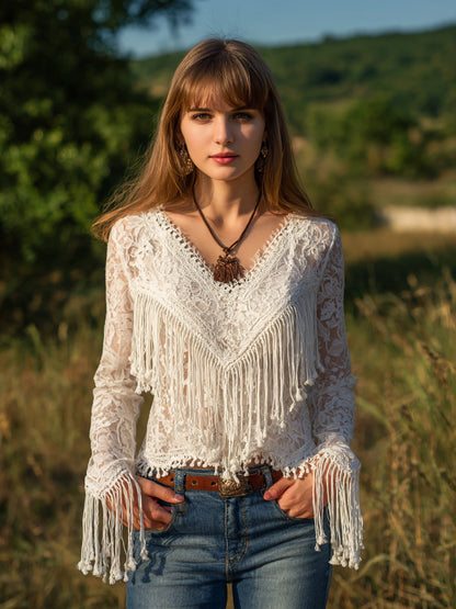 sheenchic Vacation White V Neck Long Sleeve Strappy Boho Cut Out Lace Blouses [Pre-Order]